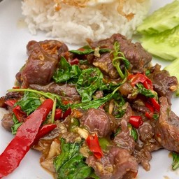 กะเพราเอ็นพิเศษราดข้าว(1ขีดไม่มีไข่)