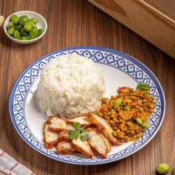 ข้าวคั่วกลิ้งหมูสับสะตอ+ หมูทอด