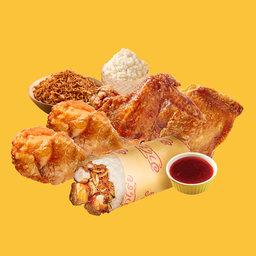 Set C: เหนียวไก่แร็พ [S] + สะโพก 1 น่อง 2 ปีก 1 + หอมเจียว 2 ข้าวเหนียว 2 น้ำจิ้ม 2