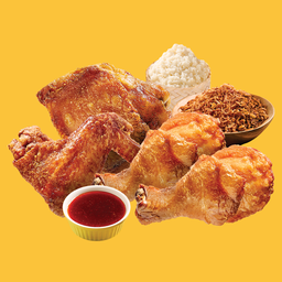 Set B: สะโพก 1 น่อง 2 ปีก 1 + หอมเจียว 2 ข้าวเหนียว 2 น้ำจิ้ม 2