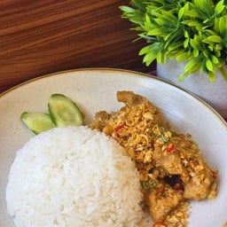 ทอดพริกหัวเทียมเจียว หมู-ไก่ ราดข้าว