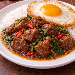 ข้าวราดผัดกระเพราเนื้อตุ๋น