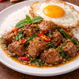 ข้าวราดผัดกระเพราหมูตุ๋น