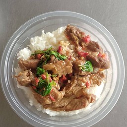 กระเพราหมูตุ๋นราดข้าว