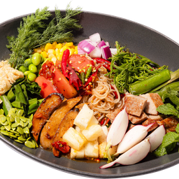 ซั่วปลาร้าขนมจีน หมูทอด ลุยสวนผัก