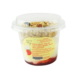 กรีกโยเกิร์ต  ผสมสตรอว์เบอร์รี่และกาโนล่า