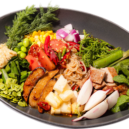 ซั่วปลาร้าขนมจีน หมูทอด ลุยสวนผัก