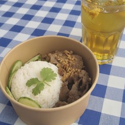 [เซตสุดฮิต] หมูคั่วกระเทียม+ข้าว + น้ำเก็กฮวย