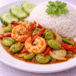 ข้าวราดผัดสตอกุ้ง+