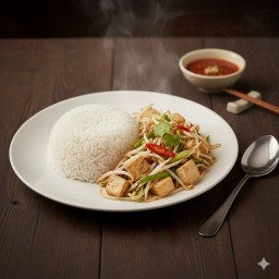 ข้าวราดผัดถั่วงอกเต้าหู้
