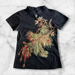 เสื้อคอจีน ตรุษจีน ปักเลื่อมลายนกยูง งานหายาก ยืดS-M