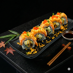 ข้าวห่อสาหร่ายหน้าปลาแซลมอนเบิร์นไฟโรยไข่กุ้งและชีส