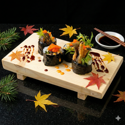 สาหร่ายห่อข้าวไส้แตงกวาและหนังปลาแซลมอนทอดกรอบ