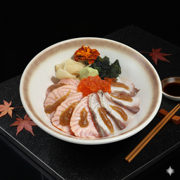 ข้าวหน้าปลาแซลมอนและปลาฮามาจิไซเคียว