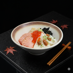 ข้าวหน้าแซลมอนและครีบปลาตาเดียวเบิร์นไฟ