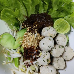 ก๋วยเตี๋ยวแซ่บแห้งเส้นเล็กลูกชิ้นหมู