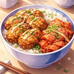 ข้าวหน้าไก่ทอด กิมจิ