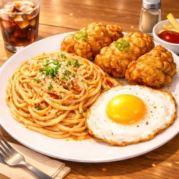 พาสต้าโรเซ่ไก่ทอด ไข่ดาว