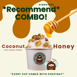 ไอศกรีมกะทิ ท็อปปิ้งด้วยเกาลัด + น้ำผึ้ง