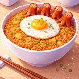 ข้าวผัดกิมจิ ไส้กรอกทอด ไข่ดาว