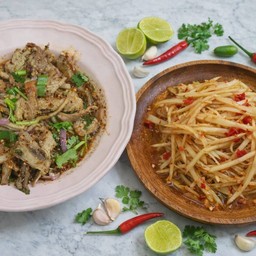 น้ำตกหมู + ส้มตำปลาร้า (ไม่ใส่ปู)