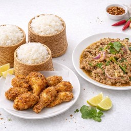 ไก่ทอด 9 ชิ้น + ลาบหมูแซ่บนัว + ข้าวเหนียว 3 ที่