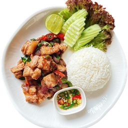 ข้าวหมูสามชั้นผัดกะปิ(แนะนำ)