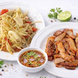 จับคู่ หมูย่าง น้ำจิ้มแจ่ว +  ตำปลาร้าหมูยอ
