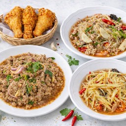 เซ็ต4อย่าง  ไก่ทอด3ชิ้น + ยำวุ้นเส้น หมูสับ หมูยอ + ลาบหมู + ส้มตำ (เลือกได้)