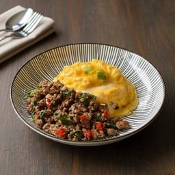 ข้าวกะเพราเนื้อ  ไข่ข้น