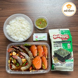 เซตข้าวแซลมอน+กุ้งดองซีอิ๊วสไตล์ญี่ปุ่น