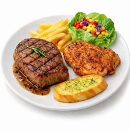 สเต็กหมูพริกไทยดำ + สเต็กไก่สไปซี่