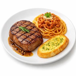 สเต็กหมูพริกไทยดำ + สปาเก็ตตี้โบโลเนสหมู