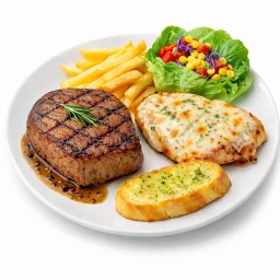 สเต็กหมูพริกไทยดำ + สเต็กไก่ชีส