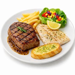 สเต็กหมูพริกไทยดำ + สเต็กปลาดอลลี่ย่าง