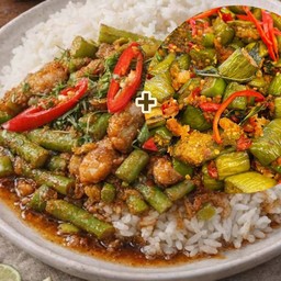 ข้าวราดผัดเผ็ดหมูใส่ถั่ว+ผัดขี้เมามะเขือยาว