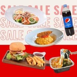 [SALE!!] เบอร์เกอร์เนื้อ + สลัดทูน่า + ข้าวไข่ข้นกุ้งทอด + ผักโขมอบชีส + เป๊ปซี่ลิตร