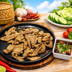 เนื้อสไลด์กระทะร้อน น้ำจิ้มแจ่ว