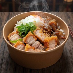 ข้าวต้มแห้งหมูกรอบ + ไข่ออนเซ็น