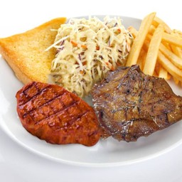 สเต็กคอหมูย่างกระเทียมพริกไทยดำ + พอร์คลอย บาร์บีคิว