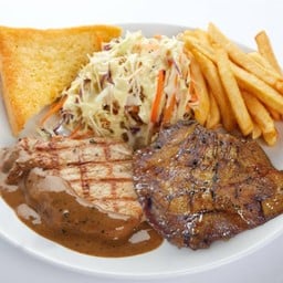 สเต็กคอหมูย่างกระเทียมพริกไทยดำ + พอร์คลอย