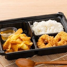 ปิ่นโต 5 เกี๋ยวห่อแฮมชีส + ทอดมันกุ้ง + ข้าวหอมมะลิ