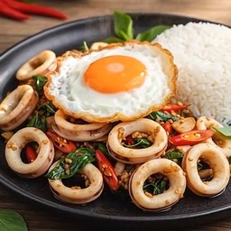 ข้าวผัดกระเพราหมึกวงกับข้าวสวยร้อนๆ