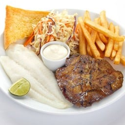 สเต็กคอหมูย่างกระเทียมพริกไทยดำ + สเต็กปลาย่าง