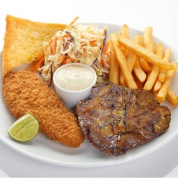 สเต็กคอหมูย่างกระเทียมพริกไทยดำ + สเต็กปลาทอด