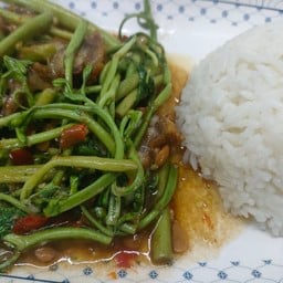 ข้าวราดกระเฉดหมูกรอบ