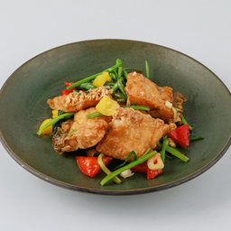 (ขจ)-เนื้อปลากะพงผัดขึ้นฉ่าย Stirred Fried Sea Bass with Chinese Celery.