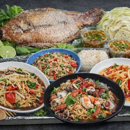 เมี่ยงปลาทับทิม 1+เมี่ยงปลานิล 1+ตำไทย 1+ตำปูปลาร้า 1+ยำมาม่าหมูสับ 1+ตำหอยแคลง 1(แถมฟรี ข้าวสวย 2)