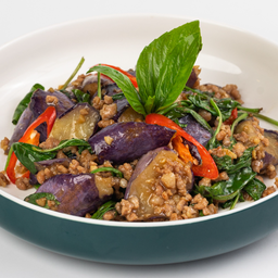 (ขจ)-มะเขือยาวผัดหมูสับ Sauteed Eggplants with Oyster Sauce.