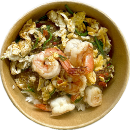 ผัดวุ้นเส้นชะอมกุ้งราดข้าว